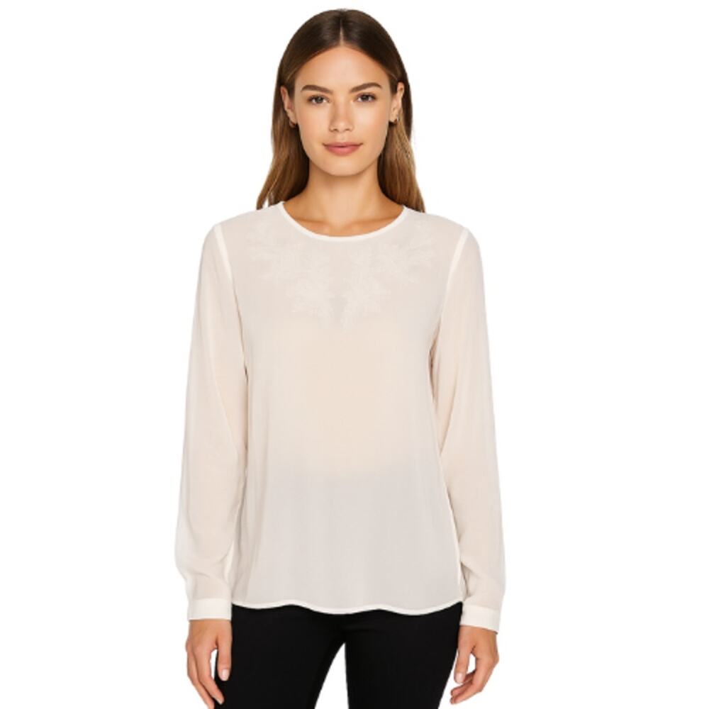 White House Black Market Embroidered Blouse in Cream – EUC Size 12